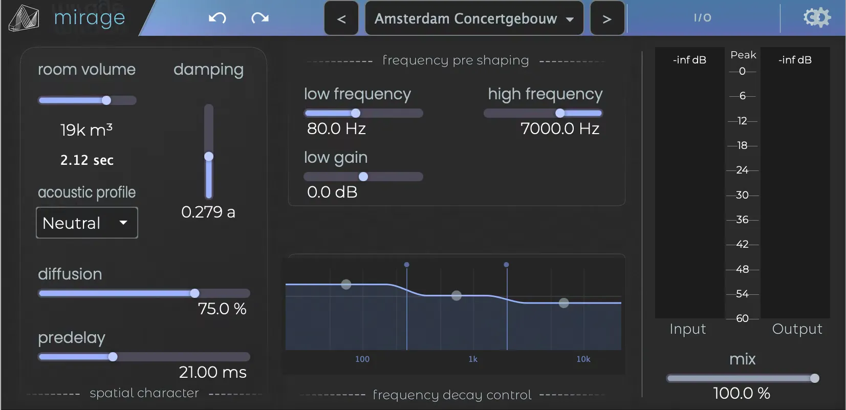 the mirage plugin window, with room, frequency and decay controls