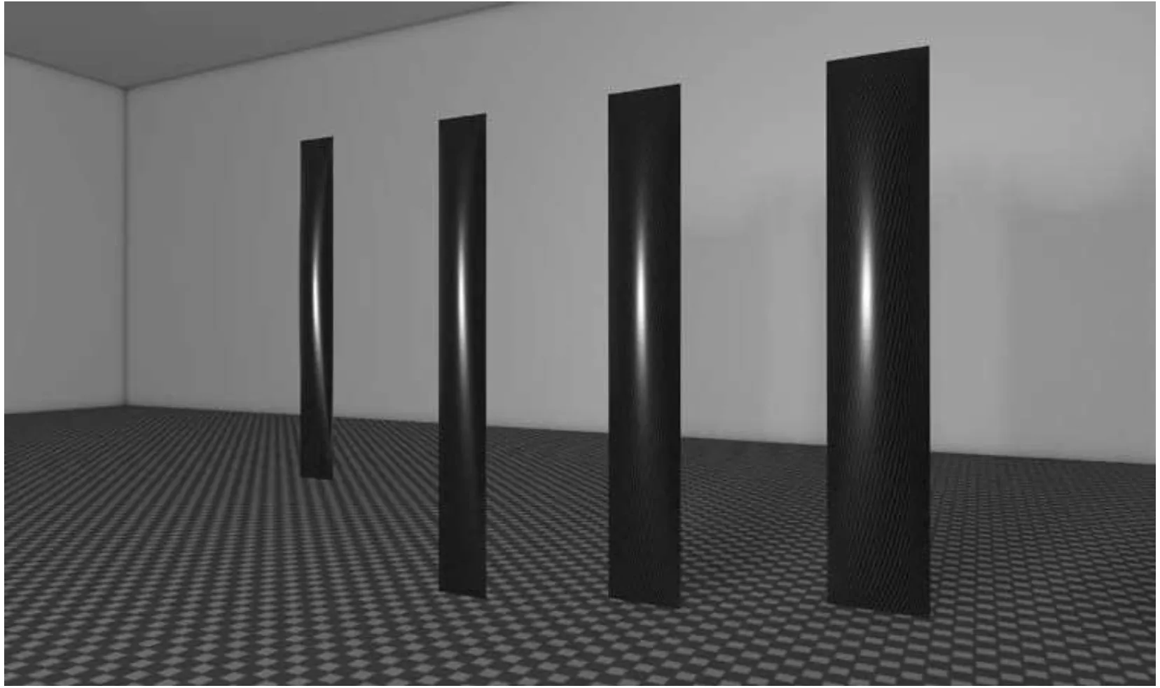 a render of four tall, curved black panels standing in an empty room